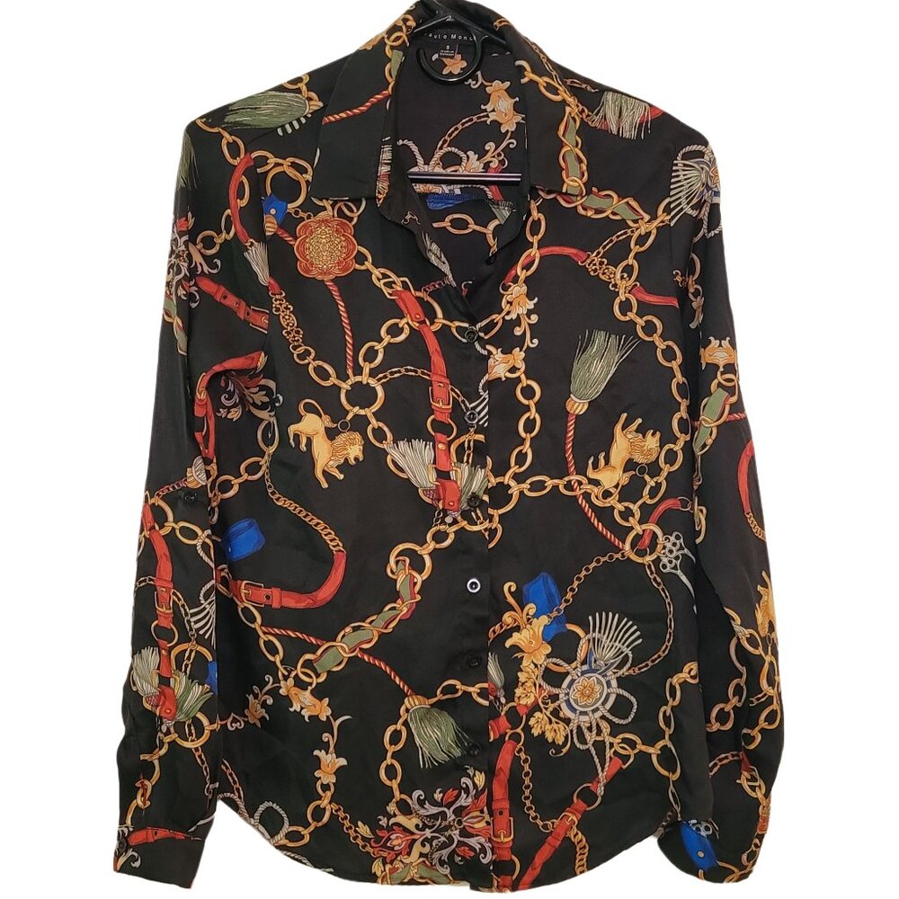 Baroque Chain Print Black Blouse, Women's Small, Haute Monde Made in Vietnam